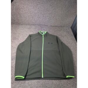 Lands' End Mens Large Olive Green Neon Lime Full Zip Grid Fleece Jacket L 42-44